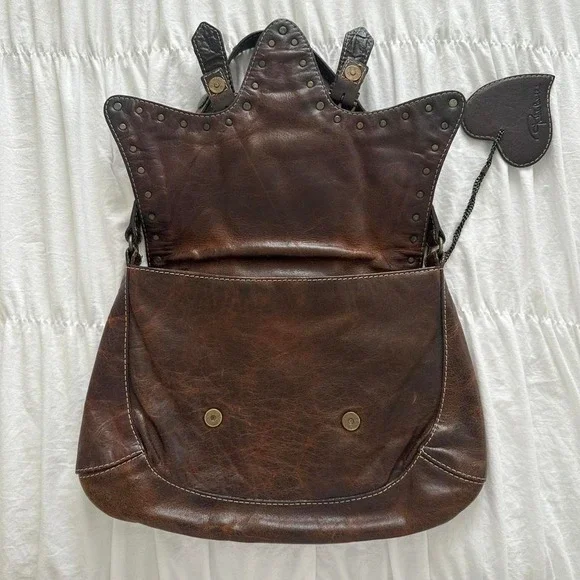 ROBERTO CAVALLI Brown Western Glam Leather Boho Turquoise Studded Structured Bag - Picture 6 of 8